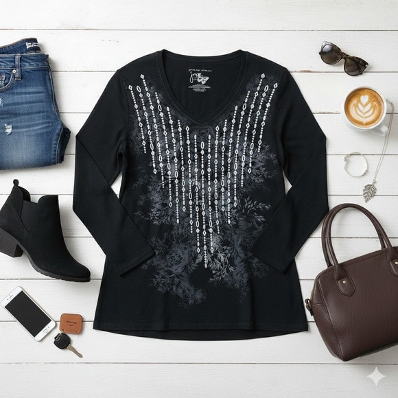 Just My Style Tops - Just My Style Plus Size 1X 16W Black V-Neck Long Sleeve Embellished‎ Tunic Top